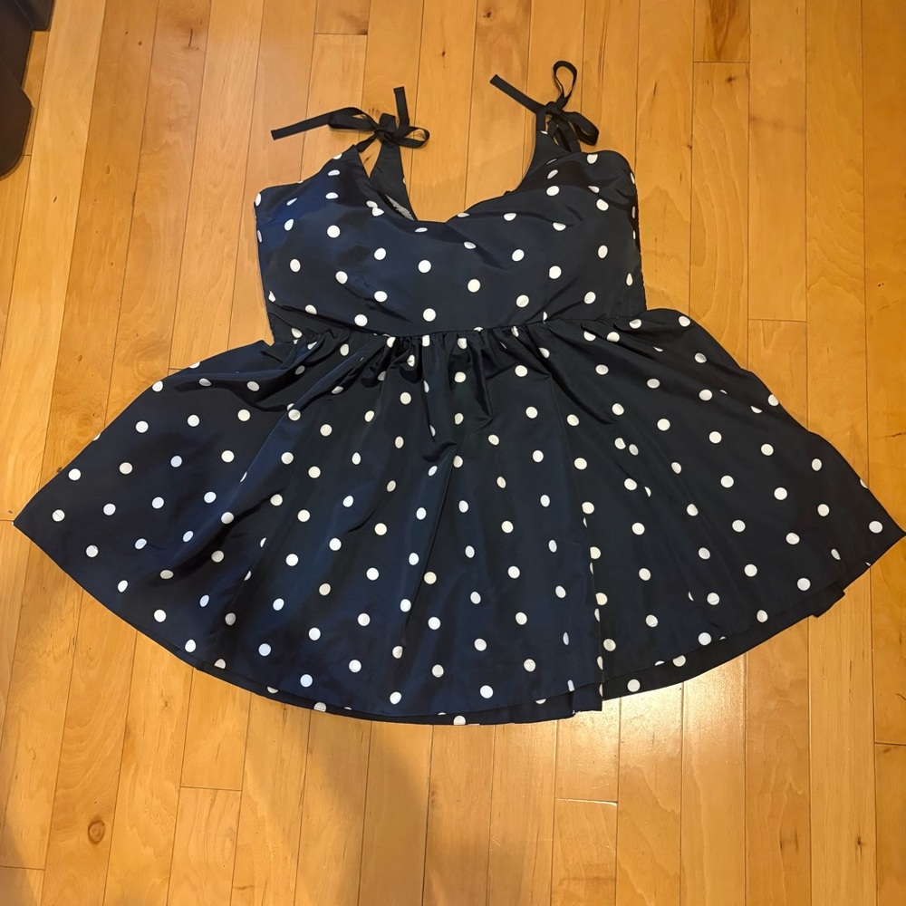 Old Navy 3X Polka Dot Fit & Flare Dress Smocked Stretch Navy White Retro - Picture 4 of 15